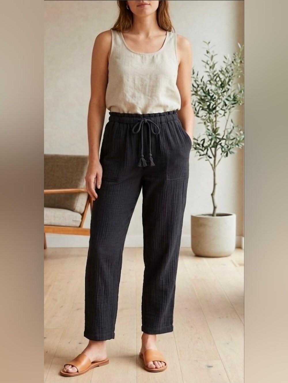 Madewell Women Pants Size Small 100% Cotton Gauze Drawstring Pants Black Soft